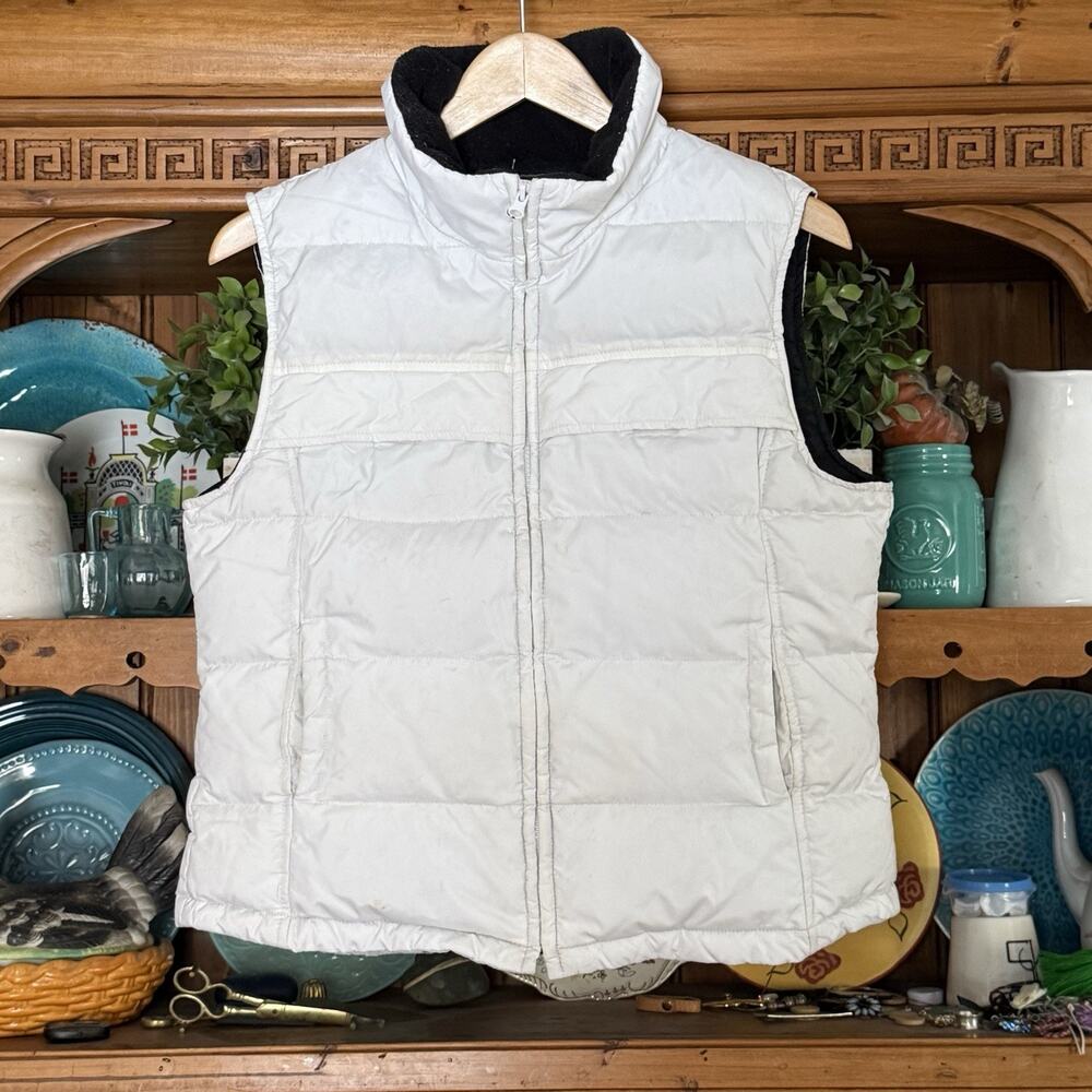 GH Bass Co Vest Womens M White Down Puffer Full Zip Fleece Collar Cozy‎ Outdoor